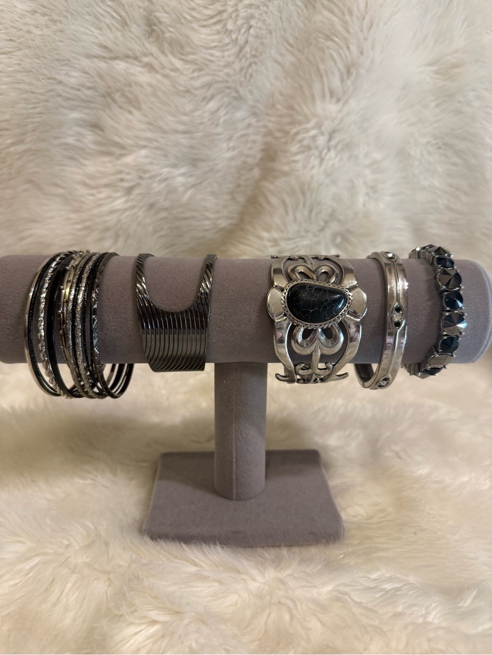 Silver Tone & Gunmetal Statement Bracelet Bundle 10 piece stack
